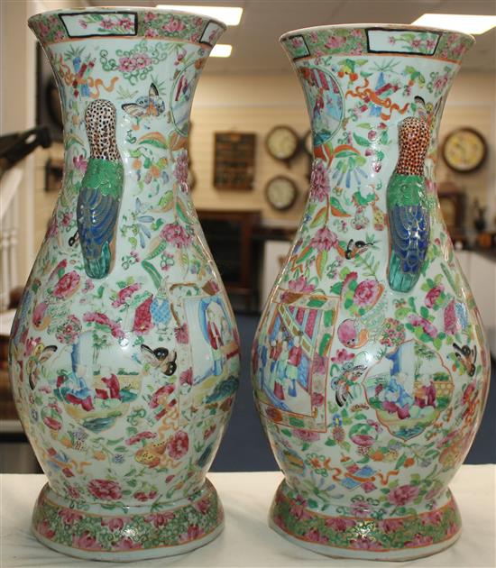 A pair of unusual Chinese Canton-decorated vases, 19th century, 44cm, bases repaired